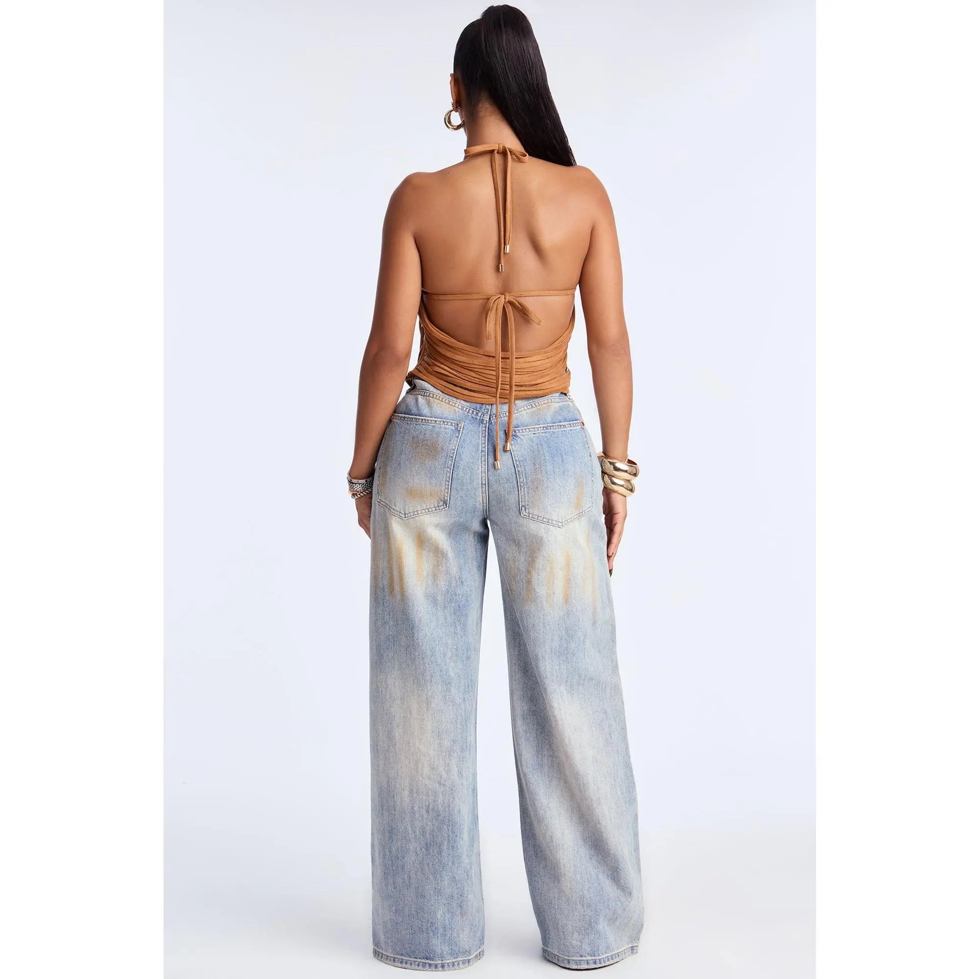 Spice Trail Suede Fringe Halter Top - Camel
