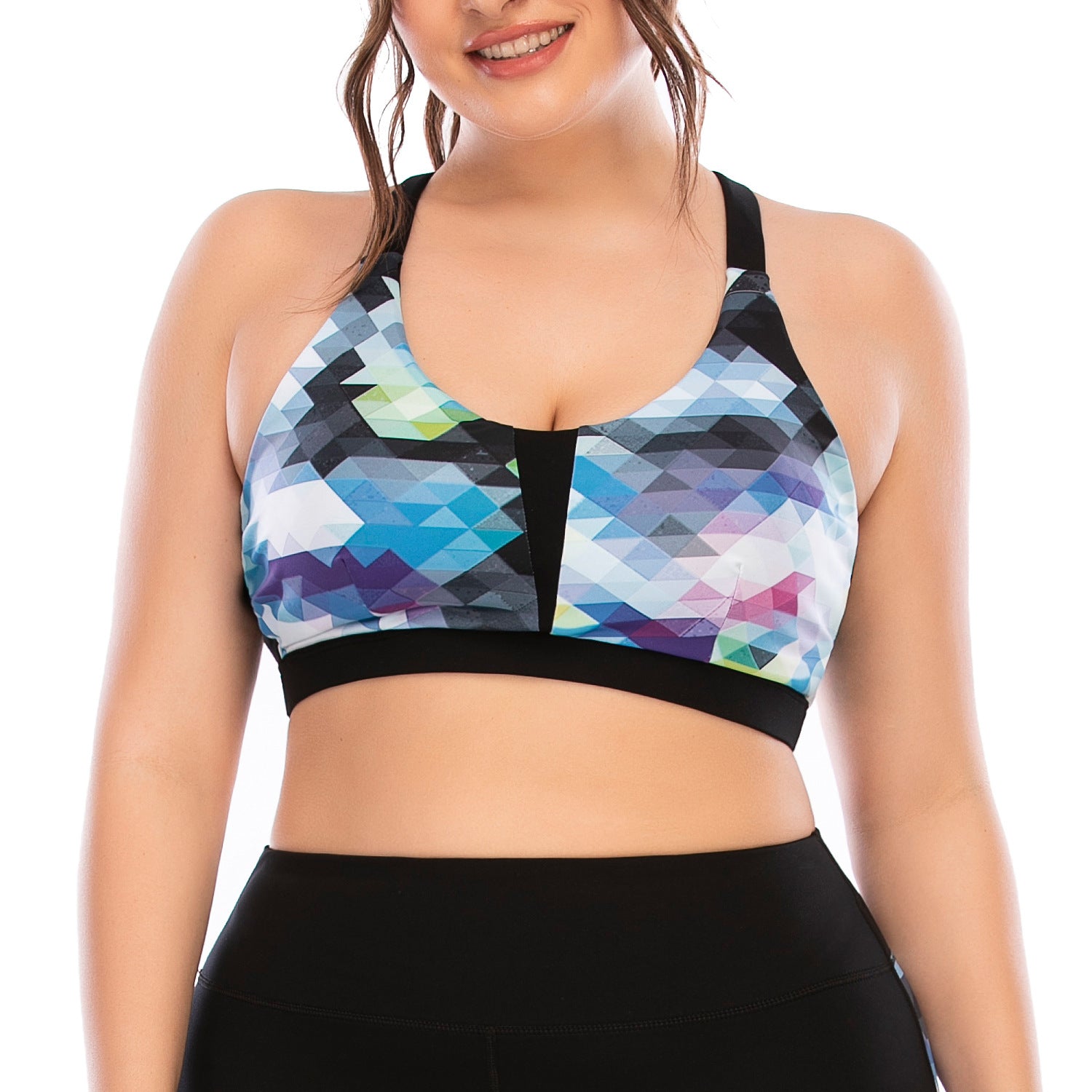 Plus Size Yoga Wear Set with Geometric Print Sports Bra