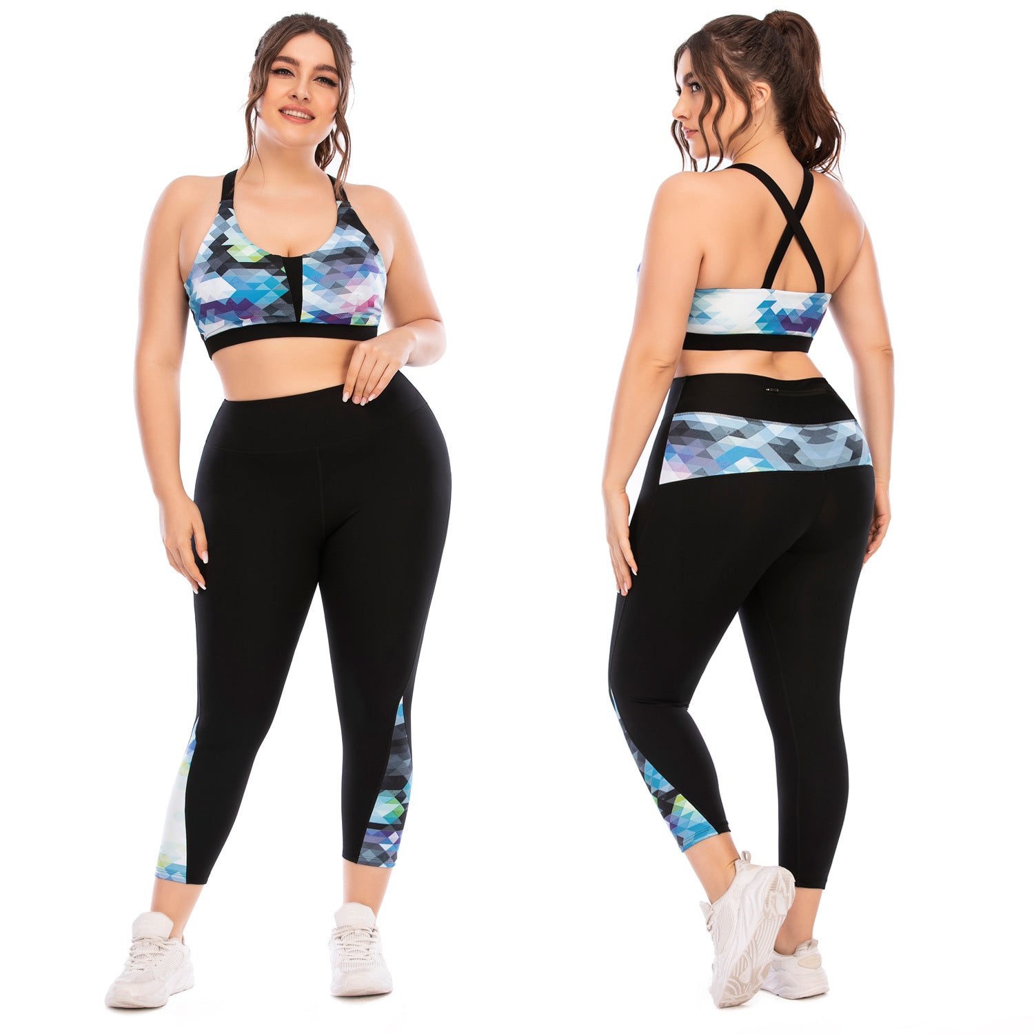 Plus Size Yoga Wear Set with Geometric Print Sports Bra
