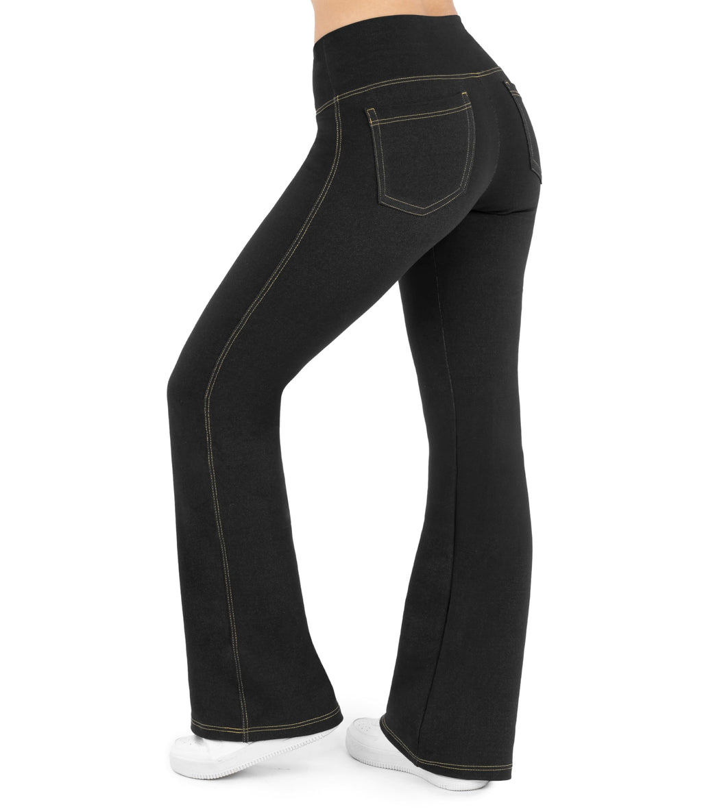 Nirlon Crossover Bootcut Jeggings for Women - Flare Leggings for Women Tummy Control Regular and Plus Size Jeggings for Women Breathable Flare Jeggings with Pockets for Women (XL 34" BlackJeans)