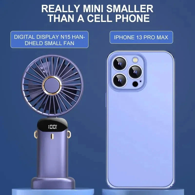 5-Speed Foldable Neck Fan with Phone Stand – USB-C Rechargeable Mini Fan, 1800mAh Battery & Display Screen for Hands-Free Cooling