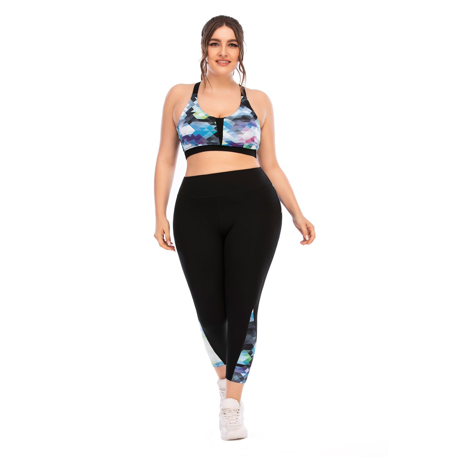 Plus Size Yoga Wear Set with Geometric Print Sports Bra